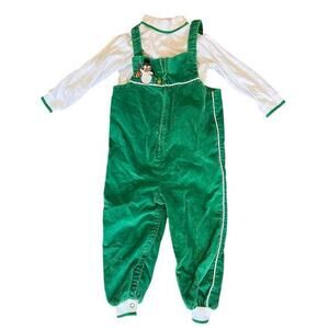 SEARS VTG Green Corduroy White Snowman Christmas jumper outfit sz 18-24 months